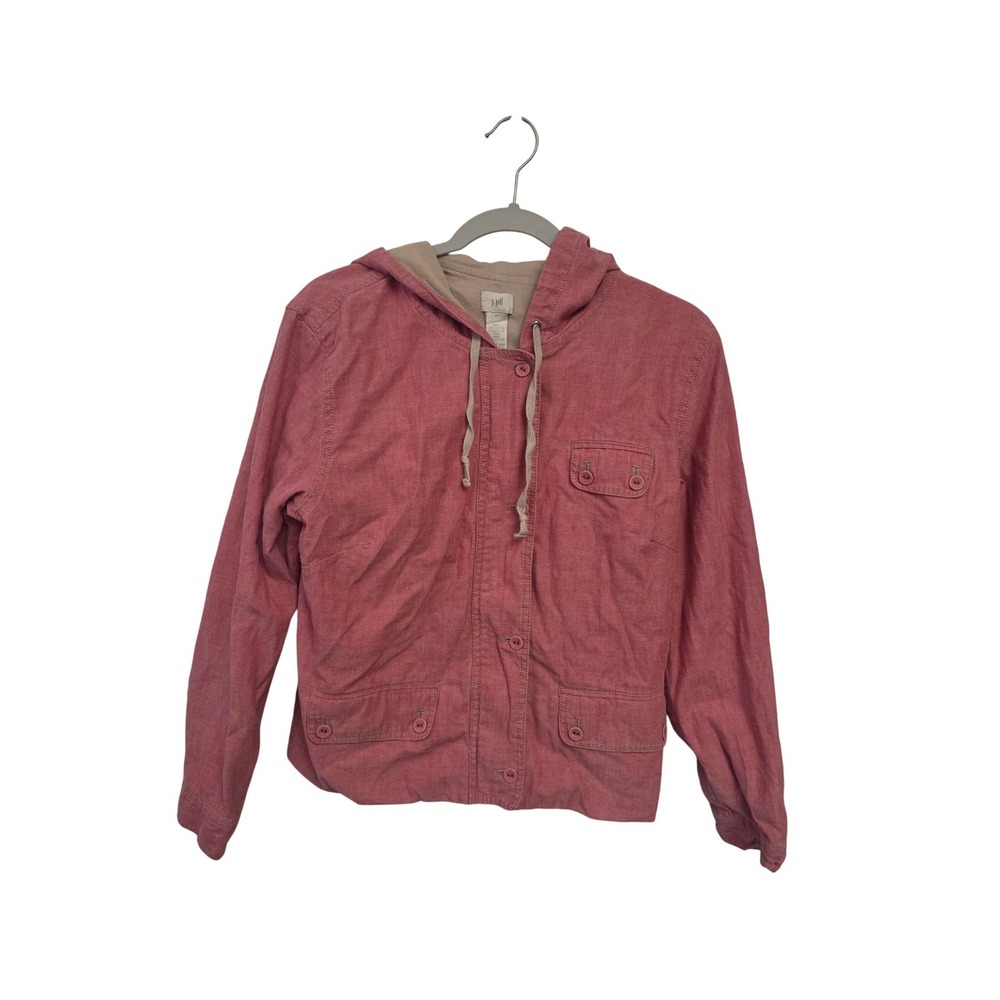 J Jill Women's Medium Hooded Utility Jacket Coral 100% Cotton Lightweight Anorak